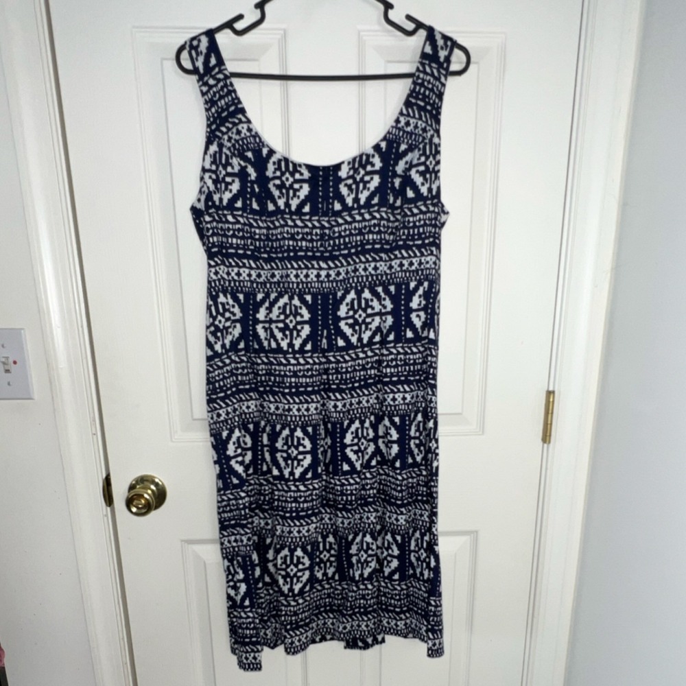 Nine West Navy Blue White Geometric Tribal Print Sleeveless Sheath Dress 14